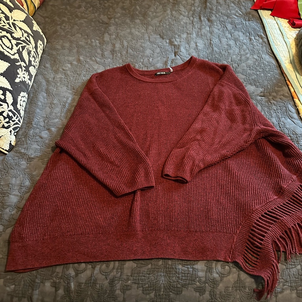 Nic+Zoe Red Cotton Knit Asymmetrical Fringe Long Sleeve Pullover Sweater 3x.